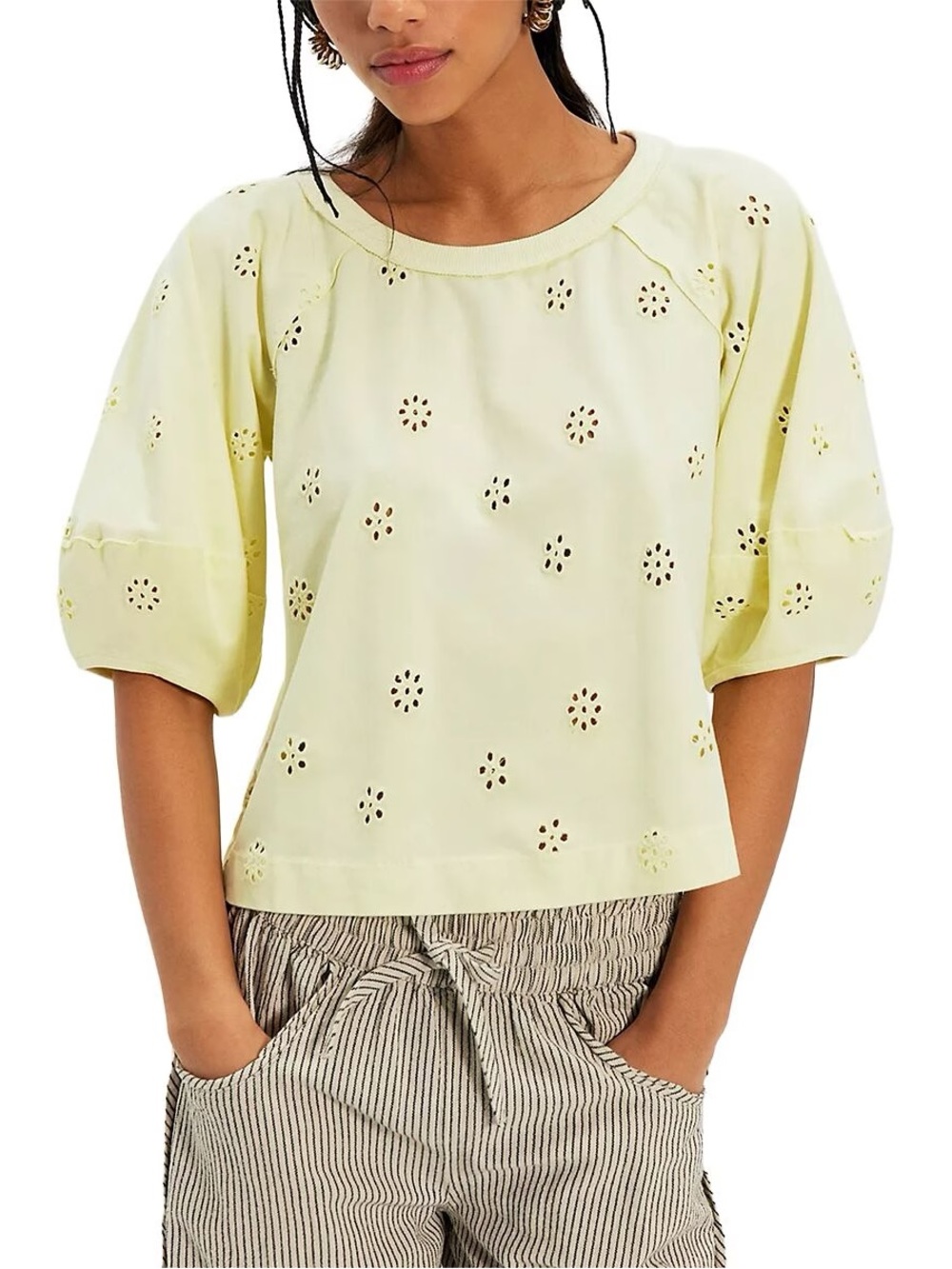 Free People Jessie Eyelet Puff Sleeve Top, Lemon Water Combo, size M